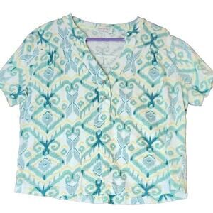 Fresh Produce‎ Women’s Top Green Ikat V Neck Short Sleeves Cotton Sz XL Made USA